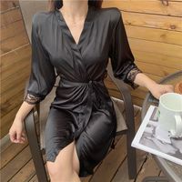 Wholesale Women s Sleepwear Fashion Solid Color Lapel Simulation Silk Home Wear Sexy Spring Autumn Long sleeved Ladies Nightdress Nightgown Women