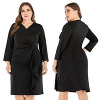 Wholesale Casual Dresses Women Black Long Sleeve XL Plus Size Autumn V Neck Ruffle Bodycon Short Party Gowns Club Wear Solid Color Cocktail