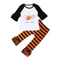 Wholesale Christmas Halloween Kid Girls Clothes Set Cartoon Unicorn Pumpkin Flower Blouse Pullover T shirt and Striped Pants Outfits Piece Tracksuit Homewear H914S7IJ