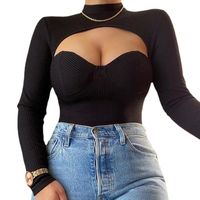 Wholesale Women s T Shirt Hirigin Fashion Cutout Rib Knit Tops Low Chest Hollow Long Sleeve Mock Neck Solid Color Slim Fit T Shirts For Ladies