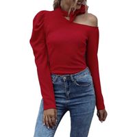 Wholesale Women s T Shirt Women Tops Spring One Shoulder Hollow Sexy Bowknot Chic Red Solid Long Sleeves Office Lady Party Wear T Shirts