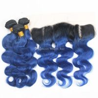 Wholesale Ombre Color B Blue x4 Lace Frontal With Hair Extensions Dark Root Body Wave B Blue Bundles With Lace Frontal