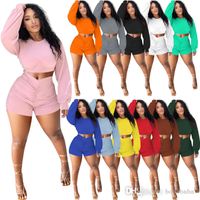 Wholesale Women Tracksuits Pieces Pants Casual PINK Outfits Solid Color Long Sleeve Crop Tops Pleated Shorts Jogger Suits Pullover Sportswear Colours S XXL
