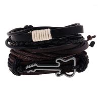 Wholesale Charm Bracelets Fashion Jewelry Alloy Guitar Bracelet Rope Woven PU Rivet Beaded Leather Men Casual Vintage Punk