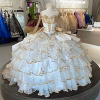 Wholesale 2022 Amazing White and Gold Embroidery Quinceanera Prom Dresses Ball Gown Long Illusion Sleeves Ruffled Evening Formal Party Sweet Dress Vestidos Ano