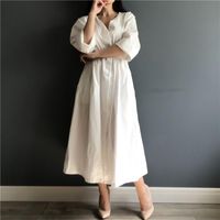 Wholesale Casual Dresses GOOHOJIO Women Spring Summer Cotton And Linen Elegant Pleated Long White V Neck Lace Up Bow One Size