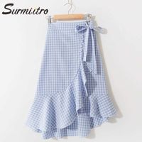 Wholesale SURMIITRO Plaid Midi Skirt Women Spring Summer Korean Black Blue Pink Ruffles Mid Length High Waist Sun School Skirt Female