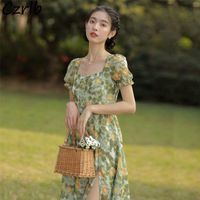 Wholesale Casual Dresses Women Printing Sweet Romantic Summer High Waist Short Sleeve Lovely Korean Style Tender Lady Clothes Holiday Chic