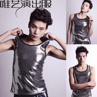 Wholesale Men s T Shirts Summer Style Personality Slim Male Sleeveless Vest Men Punk Rock Costumes Hombre Sequins Singer Dance Stage Star Fashion