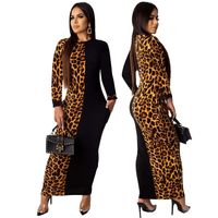 Wholesale Casual Dresses Autumn Bodycon Dress Women African Fashion Leopard Print O Neck Long Sleeve Patchwork Maxi Sundress Partyclub