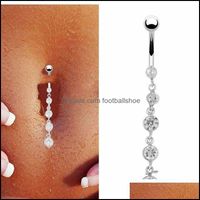 Wholesale Navel Bell Button Rings Body Jewelry Stainless Steel Zircon Long Dangle Round Rhinestone Belly Ring Bar Barbell Drop Delivery Dfevx