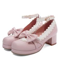Wholesale Dress Shoes Lolita Women Block High Heels Platform Ankle Strap Pumps Girls Chunky Bow Cosplay Pink Black Beige Size