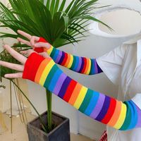 Wholesale Women Girl Harajuku Elbow Length Fingerless Arm Sleeve Warmer Rainbow Colored Striped Knitted Sunscreen Halloween Costume Gloves