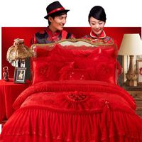 Wholesale 4pcs Pink Heart shaped luxury bedding set King queen wedding bedclothes bed sheets cotton Princess Lace duvet cover set R2