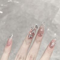 Wholesale False Nails Set Glitter Fake Round Silver Butterfly Removable With Glue Full Fingernail Decal Bride Nail Art Tips