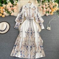 Wholesale A Line Fashion Runway Casual Holiday Summer Long Dress Women s Short Sleeve Slash neck Tiered Floral Printed Draped Ruffles Spring Autumn Women Vintage