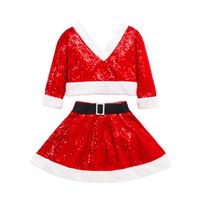 Wholesale Girl s Dresses Christmas Little Girls Outfit Autumn Toddler Red White Color Matching Long Sleeve V neck Sequins Fluffy Tops Short Skirt