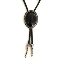 Wholesale Neck Ties Genuine Leather Cord Pure Black Oval Stone Bolo Tie Unisex Handmade Novelty Neckties Necklace Fashion Jewelry Accessories