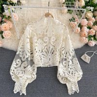 Wholesale Spring Autumn Sexy Lace Shirt Hollow Out Lantern Long Sleeve Stand Collar Short Blouse Women Elegant Casual Loose Tops Blusas Women s Blouse