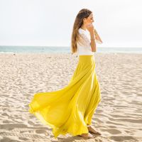 Wholesale Skirts Elegant Beach Boho Long Chiffon For Women Full Lining Zipper Pleats Yellow Floor Length Adult Female Skirt Maxi