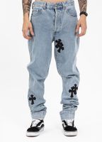 Wholesale 2021 Collection Mens Womens Straight Jeans In Blue With Leather Cross Embroidery And Silver Hardware Button Accessories