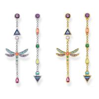 Wholesale Colorful Dragonfly Drop Earrings Women Sterling Silver Long Chain Dangle Ear Jewerly Europe Style Bohemia Gifts