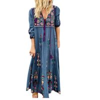 Wholesale Casual Dresses Floral Maxi Dress Women Long Sleeve V Neck Lace Up Vintage Summer Clothes Boho Beach Party Hippie