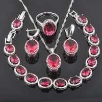 Wholesale Earrings Necklace Rose Red Zircon Egg Design For Women Jewelry Sets Silver Color Bracelet Pendant Ring Russian Style QS0190