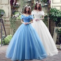 Wholesale Princess prom gowns Cinderella blue Dress Up Clothes Girl Off Shoulder Pageant Ball Gown Kids Deluxe Fluffy Bead Halloween evening Party Costume