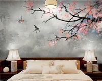 Wholesale Wallpapers Custom High end Wallpaper cherry Blossom Background Wall Chinese Style Hand painted Flowers And Birds