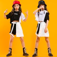 Wholesale Clothing Sets Kid Hip Hop Black White T Shirt Off Shoulder Crop Top Streetwear Summer Skirt Shorts For Girls Dance Costume Clothes