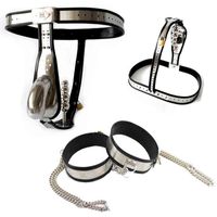 Wholesale NXY Chastity Device Male Belt Stainless Steel Penis Cock Cage Thigh Ring with Metal Chain Band Anal Plug Beads Lockable Sex Toys Men1221