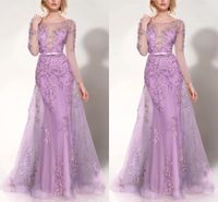 Wholesale Illusion Mermadi Evening Dresses With Long Sleeves Bow Belt Floral Applique Beading Sequins Rhinestones Formal Party Gowns Prom Dress