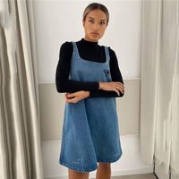 Wholesale Triangle Badge Denim Dresses Womens Suspender Skirt Fashion Casual Lady Party Dress High Quality