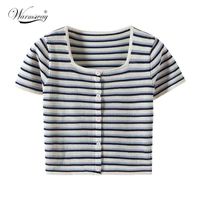 Wholesale Summer Women Striped T Shirt Knitted Square Collar Short Sleeve Slim Thin Kintwear Hollow Out Chic Ladies Crop Tops A