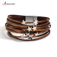 Wholesale Amorcome Multilayer Slim Strips Star Beads Charm Leather Bracelets for Women Fashion Bohemian Chain Pink Wrap Bangle Famale Jewelry Couple Gifts