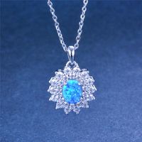 Wholesale Pendant Necklaces Blue Fire Opal Oval Stone Necklace Luxury Crystal Flower Classic Silver Color Chain Wedding For Women