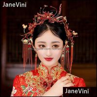 Wholesale Hair Clips Barrettes Jewelry Janevini Traditional Chinese Style Hairpins Red Combs Ancient Bridal Headpiece Pin Beaded Wedding Drop Delive