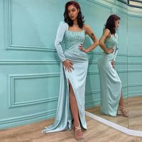 Wholesale Luxury Sexy One Long Sleeve Prom Dresses Beaded Ruched Draped Floor Length High Side Split Formal Cocktail Party Evening Gowns
