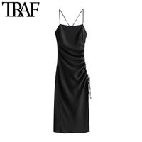 Wholesale TRAF Women Chic Fashion Side Adjustable Drawstring Draped Midi Dress Vintage Backless Side Zipper Straps Female Dresses