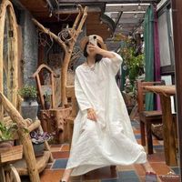 Wholesale Casual Dresses QPFJQD Ladies Autumn Summer Linen Embroidred White Dress Chinese Style Women Retro Flax Long Robe Full Sleeve