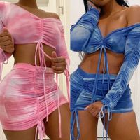 Wholesale Tie Dye Print Drawstring Sexy Co ord Sets Women Long Sleeve Ruched Sexy Piece Outfits Club Bodycon Top and Skirt Set