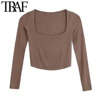 Wholesale TRAF Women Sexy Fashion Fitted Cropped Ribbed Knitted T Shirt Vintage Square Collar Long Sleeve Female Tops Mujer