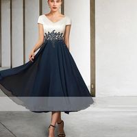 Wholesale 2022 Tea length Chiffon Mother of the Bride Dresses Vintage Short Sleeve Beach Wedding Bridal Party Evening Gowns