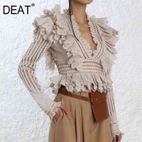 Wholesale summer fashion women printed vintage styles ruffles pleated lace hollow out sexy top female high waist T ee WR