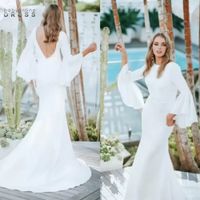 Wholesale New Elegant Simple Crepe Mermaid Wedding Dresses with Flare Sleeves Scoop Neck V Back Garden Informal Modest Country Style Bridal Gowns