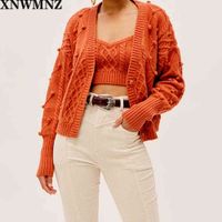 Wholesale XNWMNZ Za women Classic cozy Cableknit pom cardigan slouchy fit plunging neckline Female Ladies fashion casual tops