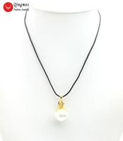 Wholesale Pendant Necklaces Qingmos mm White Sea Shell Pearl Necklace For Women With Crown Connector Black Leather Rope Jewelry Nec6522