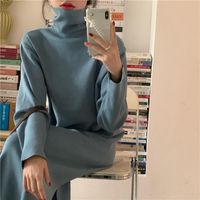 Wholesale Casual Dresses Long Sleeve Knitted Dress Turtlenck Office Lady Black Midi Sweater Women One Piece Korean Winter Pure Color