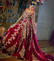 Wholesale 2021 Custom Arabic Traditional Burgundy Wedding Gowns Lace Appliqued Long Sleeves Bridal Dresses Robe Soirée De Mariage